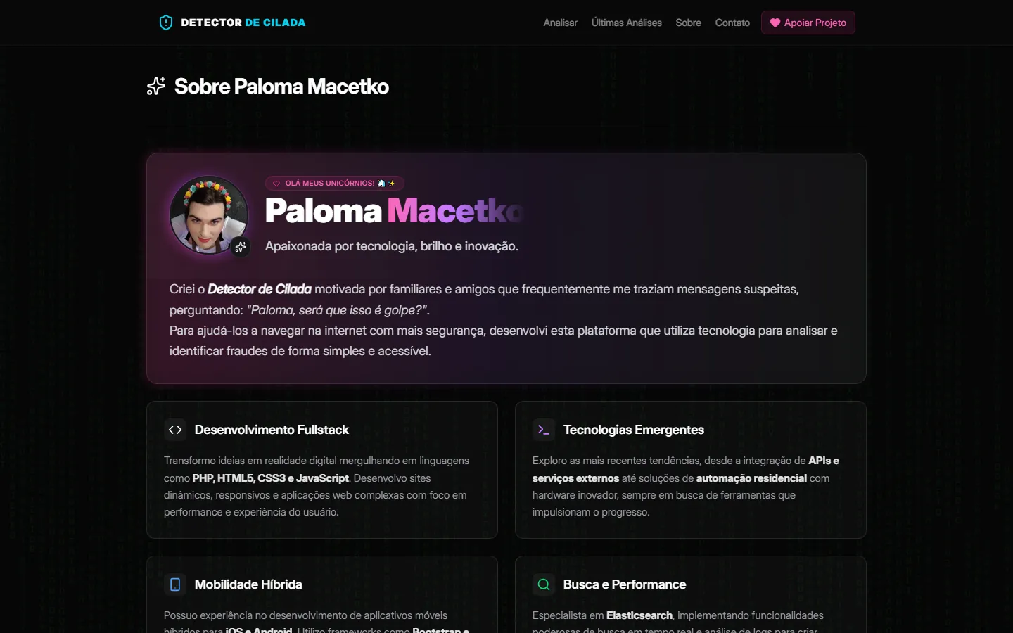 Página Sobre do Detector de Cilada com a apresentação de Paloma Macetko.