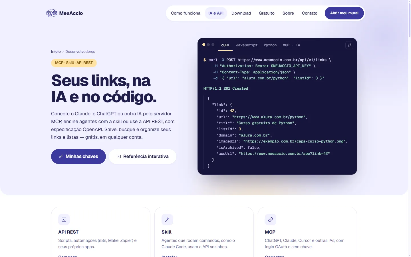 Página de desenvolvedores do MeuAccio com um exemplo de curl que salva um link e a resposta 201 em JSON.