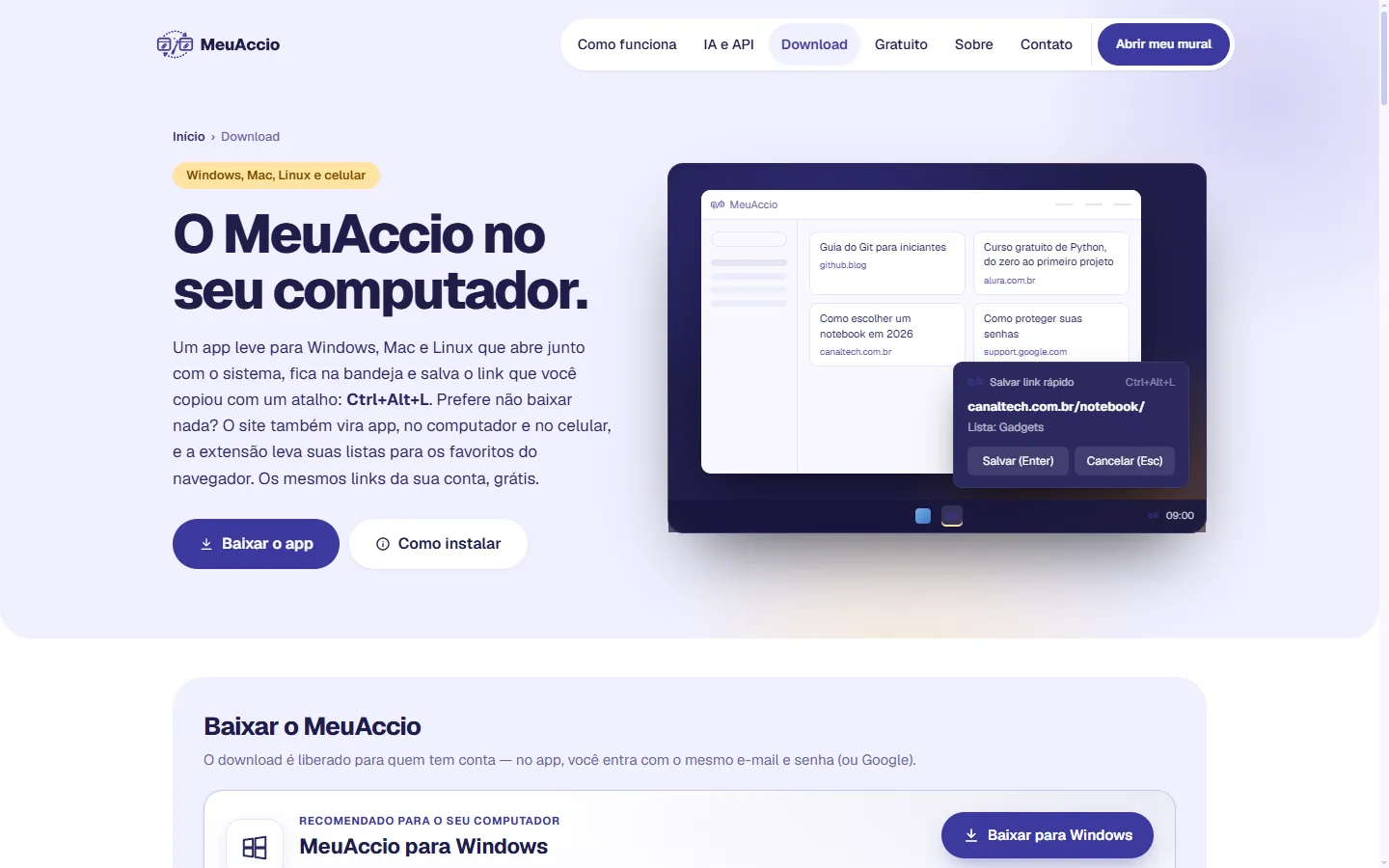 Página de download do MeuAccio com a janela do app e o aviso 'Salvar link rápido' aberto pelo atalho Ctrl+Alt+L.