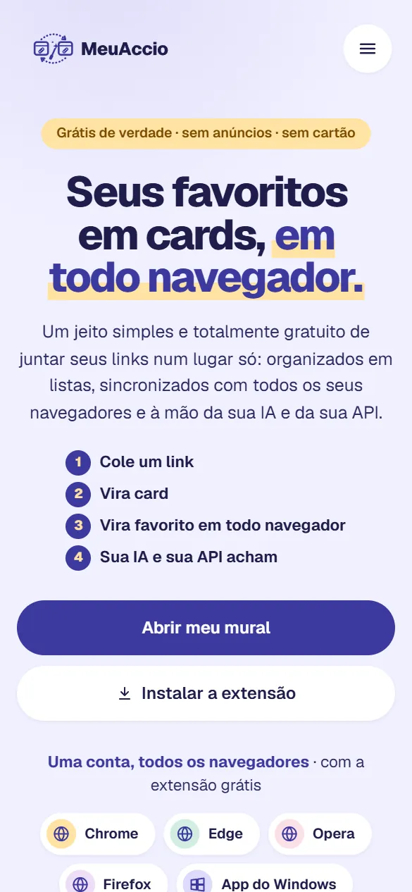 Página inicial do MeuAccio no celular, com o título, os quatro passos e o botão 'Abrir meu mural'.