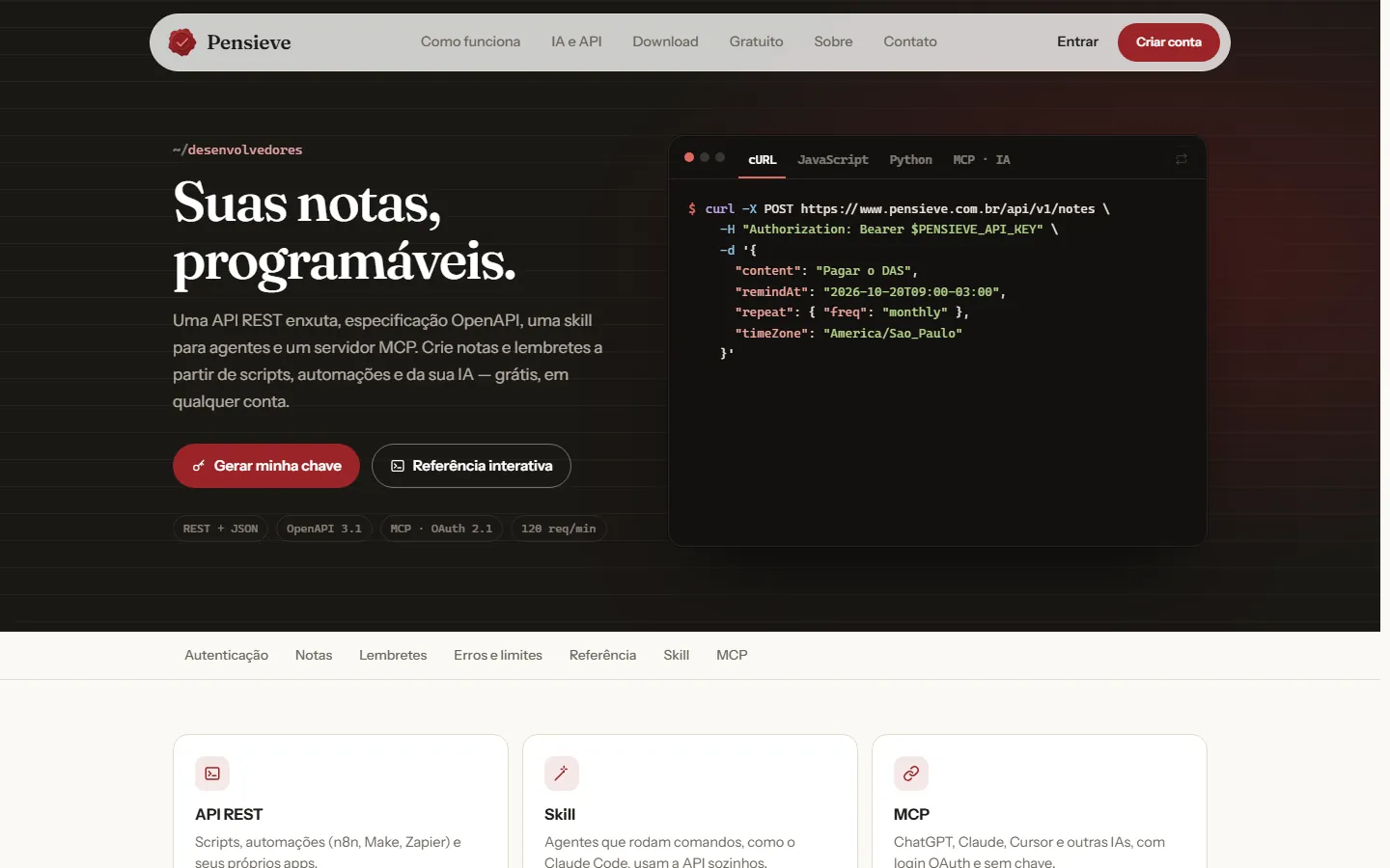 Página de desenvolvedores do Pensieve, com um exemplo de chamada curl à API e a lista de integrações.