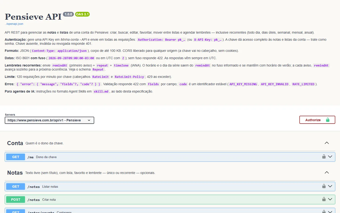 Swagger UI da API do Pensieve, com os grupos Conta e Notas e seus endpoints.