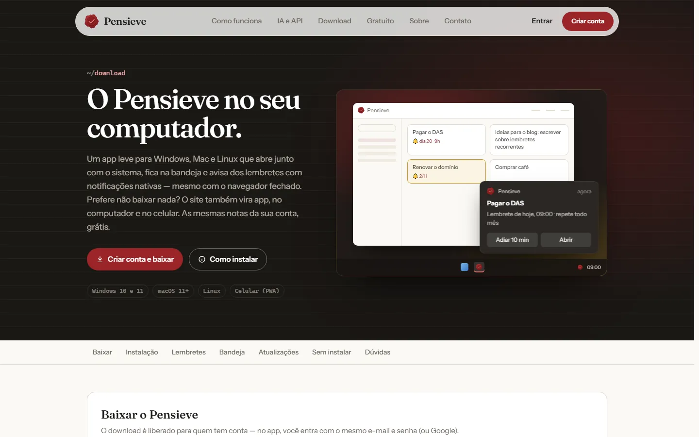 Página de download do app desktop do Pensieve, com a janela do app e os botões de instalação.