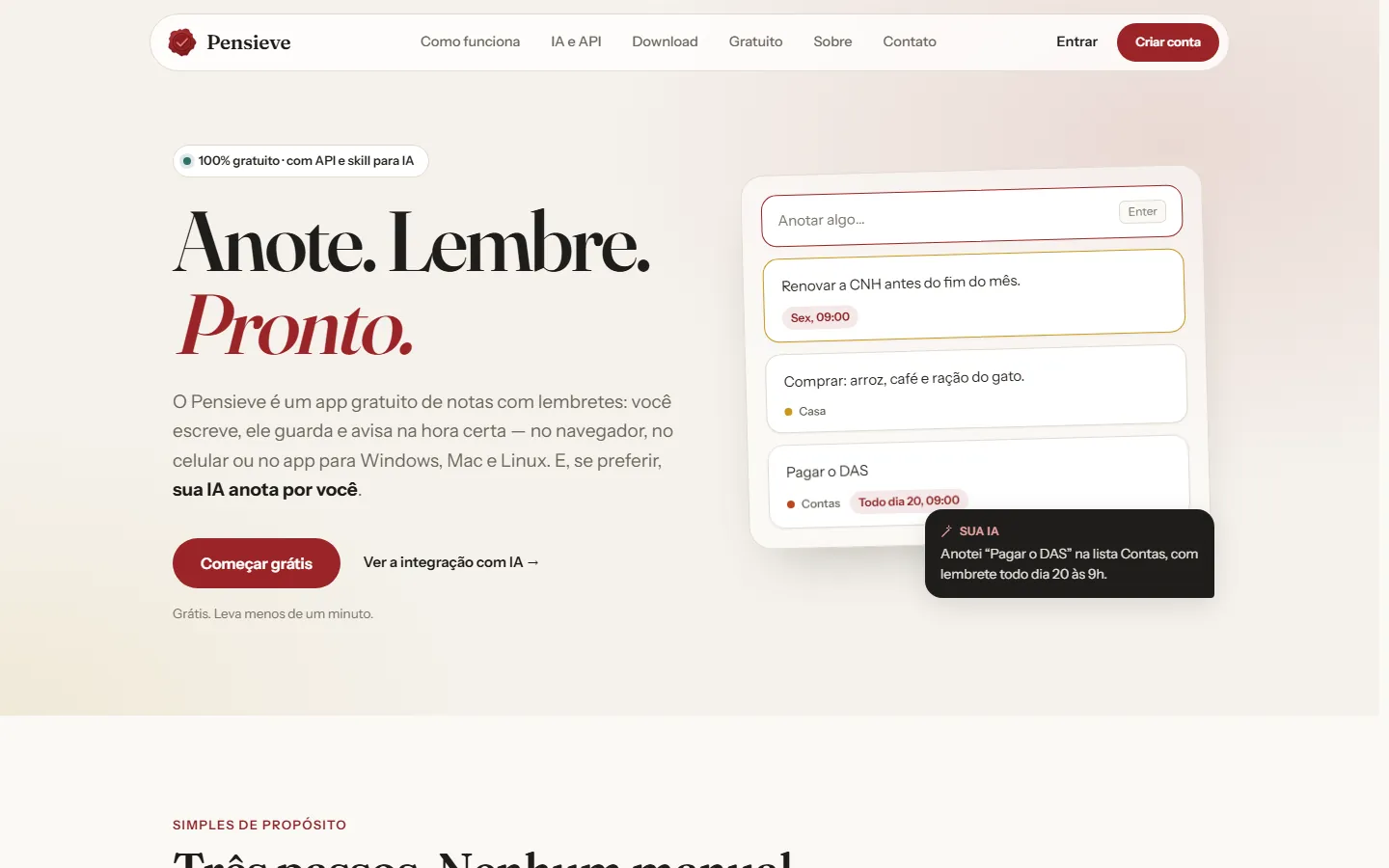 Página inicial do Pensieve com a chamada 'Anote. Lembre. Pronto.' e um mural de notas com lembretes.