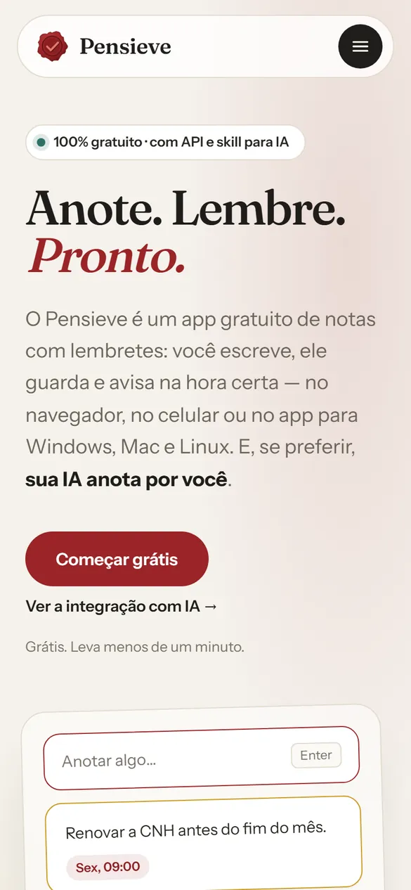 Página inicial do Pensieve no celular, com o título 'Anote. Lembre. Pronto.' e o campo para anotar.